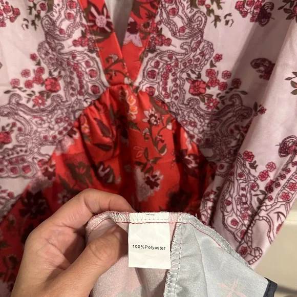 Women’s Floral V-Neck High-Low Dress, Red, Pink, Green & Black, Sz Small - Picture 6 of 9